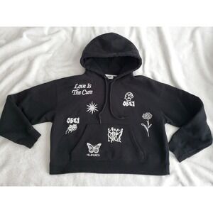 OBEY FLASH Women's Cropped Embroidered Hoodie Black MEDIUM Hooded Sweatshirt EUC